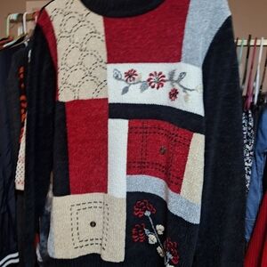 ALFRED DUNNER VINTAGE 90S Patchwork Knit Sweater - Red, Black, Gray, Cream